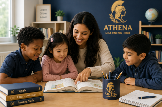 An Athena Learning Hub tutor reading with three young learners at a table, with branded books, a globe and the Athena logo on the wall behind them.