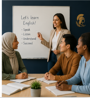 A teacher leading an English lesson at a whiteboard with engaged learners.