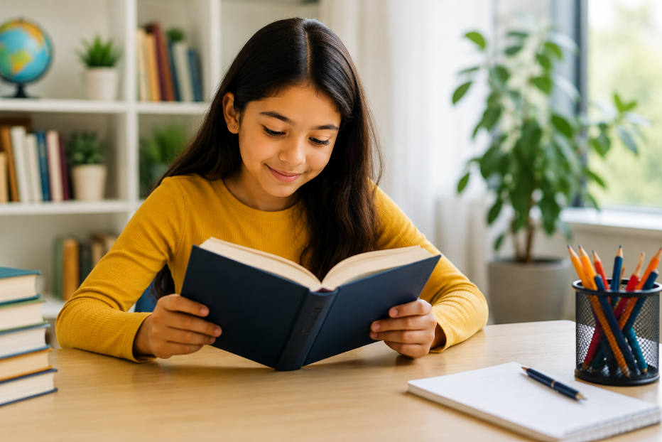 A young learner reading a book confidently at a bright study desk.