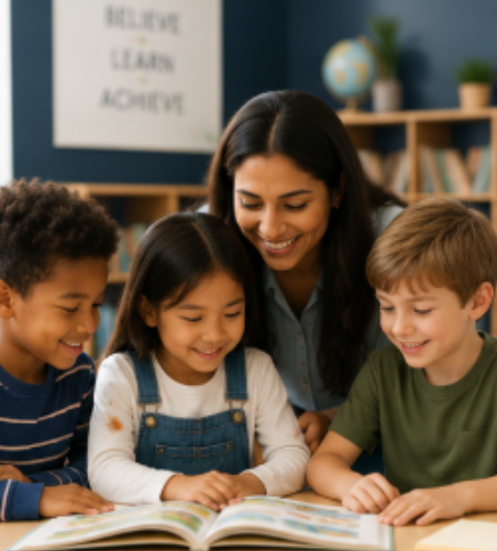 A teacher sharing a book with three smiling young learners in a bright classroom.