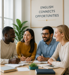 A group of adult learners practising English together around a table.